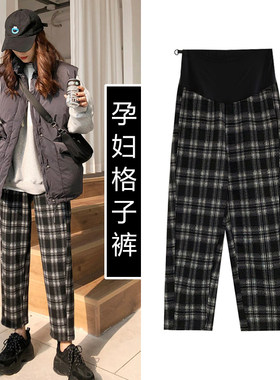孕妇裤子秋冬外穿20p25新款复古时尚宽松格子直筒裤潮妈加绒阔腿