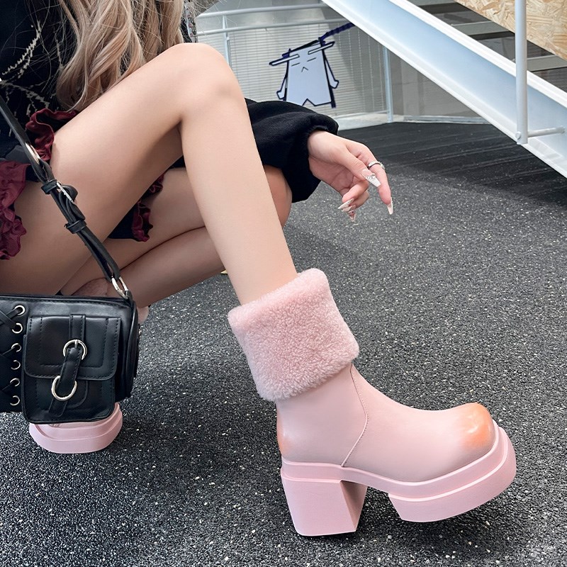 高跟保暖加绒羊毛鞋口雪地靴女z粗跟厚底厚毛棉鞋粉色真皮时装靴