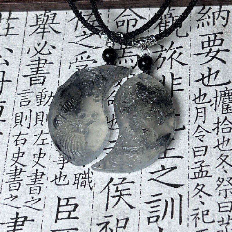 岫玉水墨龙凤扣对牌情侣款龙凤玉佩挂件吊坠龙凤呈祥项链玉牌礼物