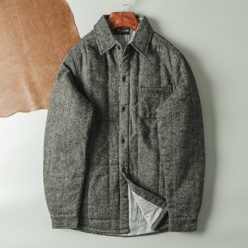 璀璨夺目!羊f毛彩点毛呢衬衫 加厚夹棉男士修身长袖衬衣保暖外套