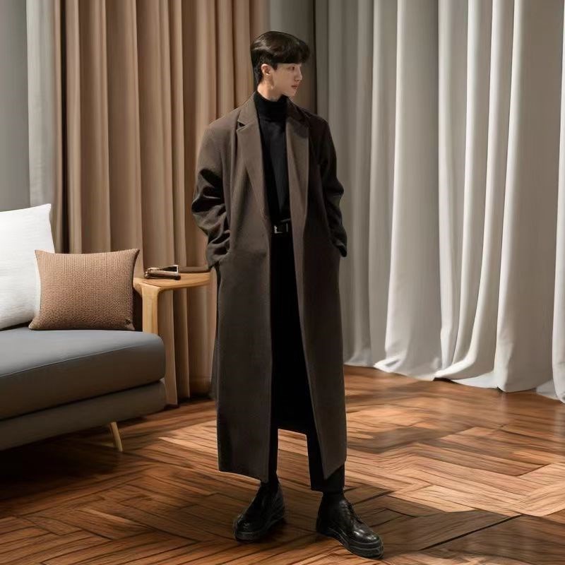 冬季新款潮流加厚毛呢大衣男英伦超长款过膝风衣韩V版修身呢子外