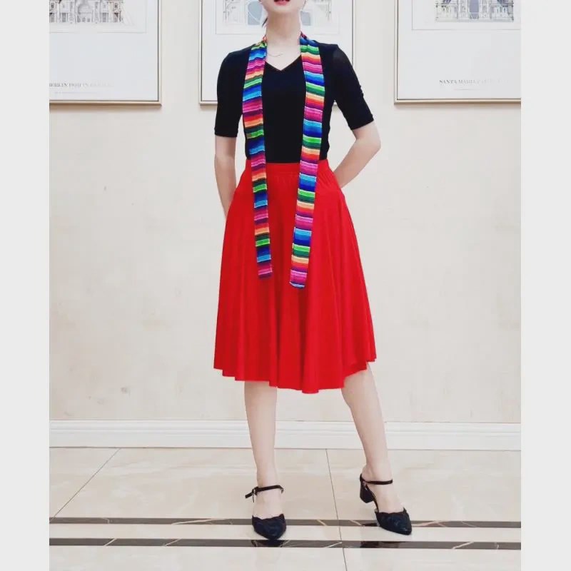 新款广场舞舞裙舞蹈中长裙交谊A舞跳舞半身裙演出服红色裙子大摆