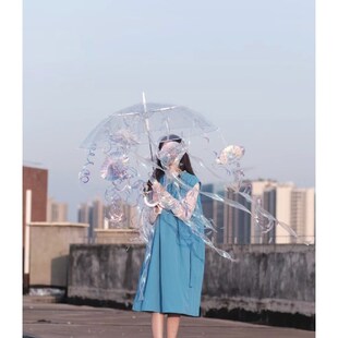 水母伞diy塑料透明伞直柄可印LOGO礼品伞绘画小清新拍照雨伞道具