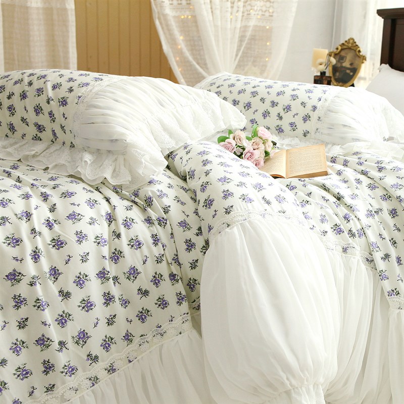 法式韩式紫色小碎花公主风田园全棉纯棉床裙款床上用品被套四件套