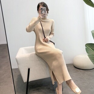 高领长款毛衣秋冬2024新款套头女宽松韩版过膝针T织打底连衣裙秋