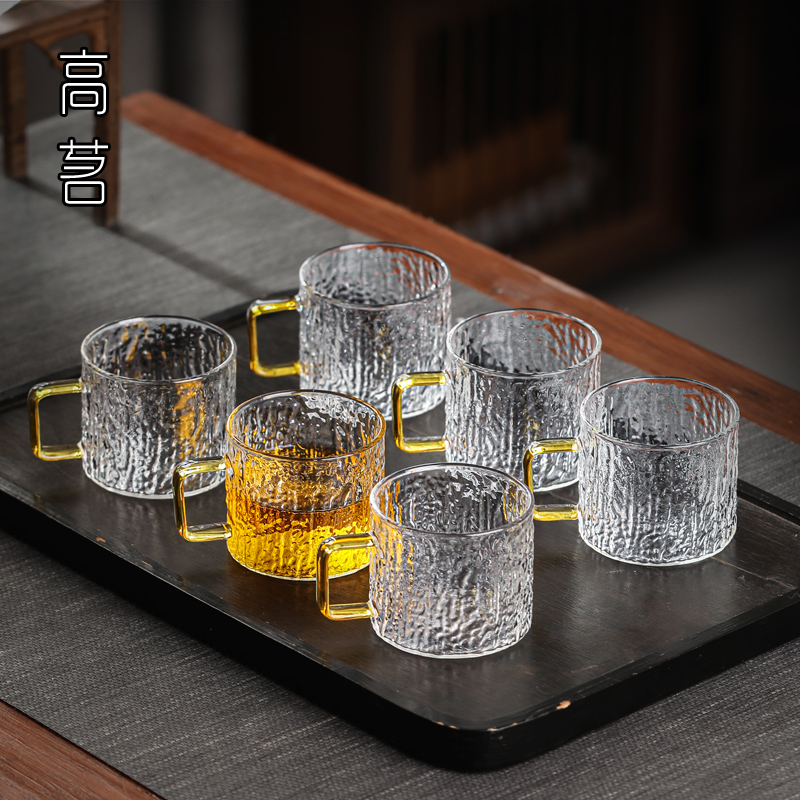 玻璃小茶杯带把家用轻奢功夫茶具套装6只K装客杯喝茶品茗杯锤目纹