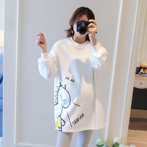 孕妇上衣春秋f款圆领长袖韩版宽松2021年新款孕妇装秋装卫衣中长