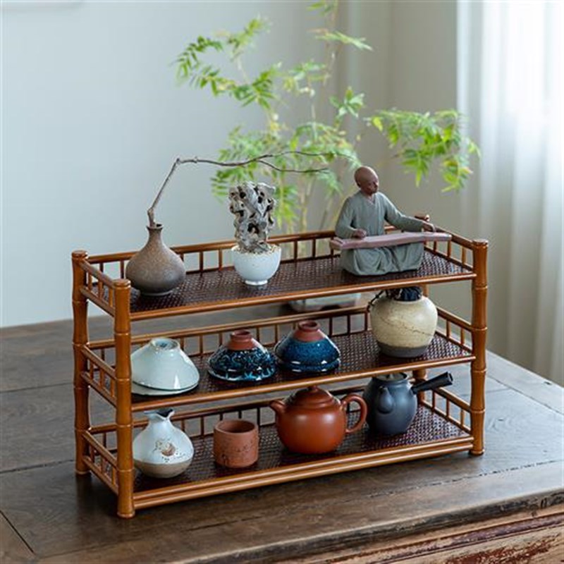竹编茶杯c架子茶具茶壶收纳架紫砂壶摆放架博古架茶具茶桌置物架