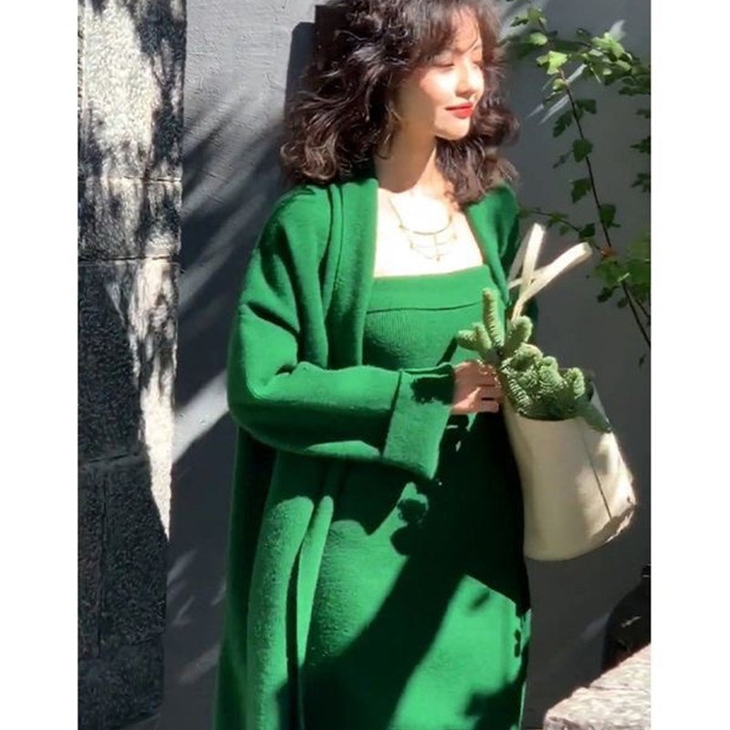 酒午港风复古包臀开叉抹胸针织洋装加厚中长版针织开衫套装女冬