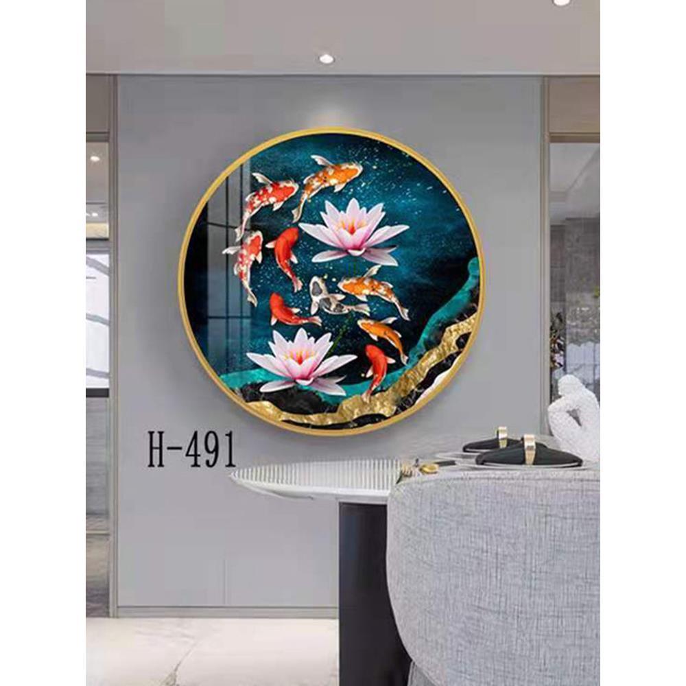 新中式圆形装饰画荷花鱼图客厅沙发背景墙聚财壁画走廊玄关挂画图片