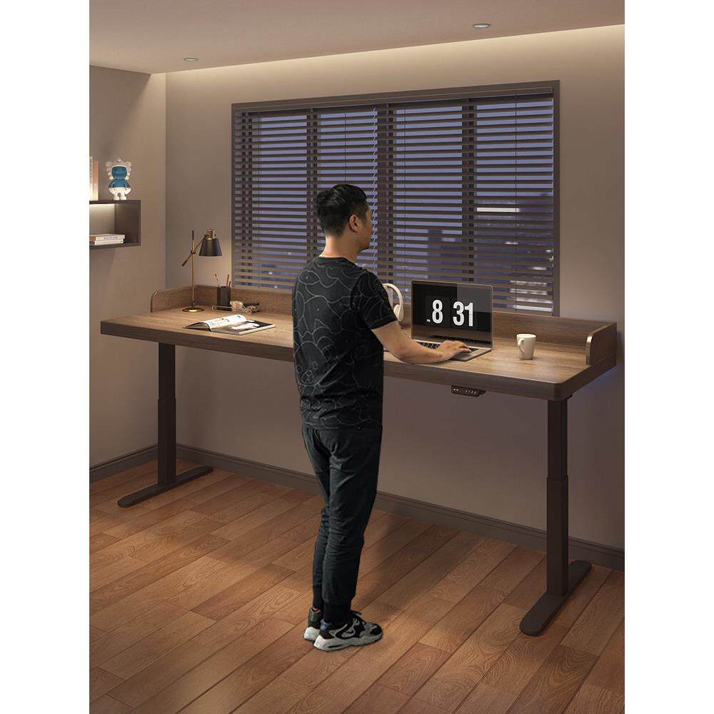 黑胡桃木双人电动升降电脑桌儿童实木书桌学习桌站立式家用办公桌