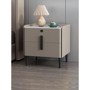 全实木床头柜高级感皮质轻奢带指纹锁岩板卧室加高55cm床边收纳柜