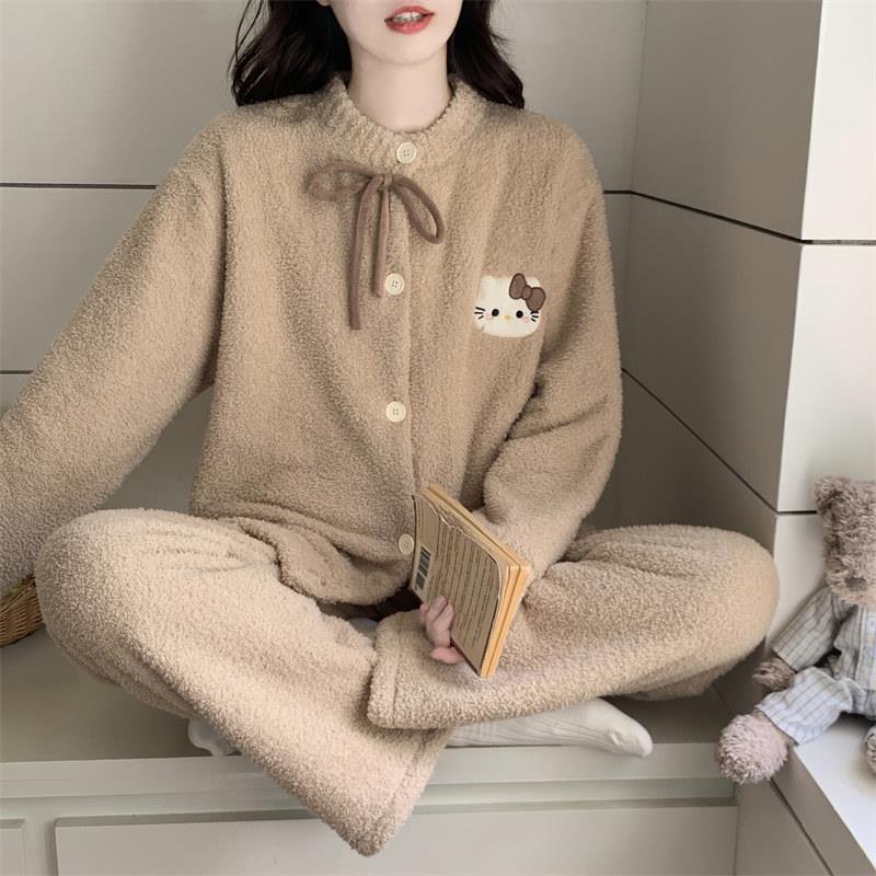 冬季天可爱KT猫睡衣女新款半边绒2025新款珊瑚绒保暖家居服套装