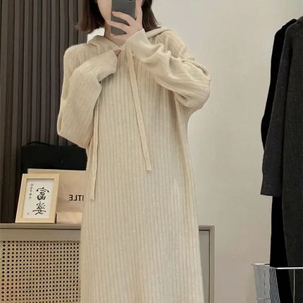 长款打底针织连衣裙女秋冬新款配大衣G内搭宽松慵懒连帽卫衣毛衣