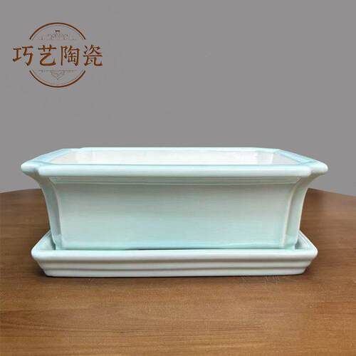 宜兴精品紫砂花盆长方形带托盘底座简约风大口径高端陶瓷盆景盆