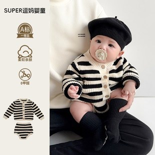 韩系婴幼儿毛衣套 婴儿衣服春装 宝宝针织p开衫 包屁短裤 两件套春款