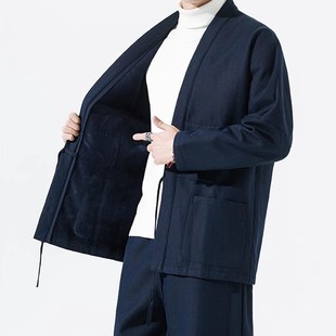亞麻加絨道袍加p厚外套民族風棉麻開衫 秋冬季 保暖改良漢服潮男上