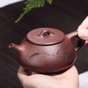复古宜兴紫砂壶石瓢壶手工刻绘泡茶壶具家用高档小容量紫砂壶 中式