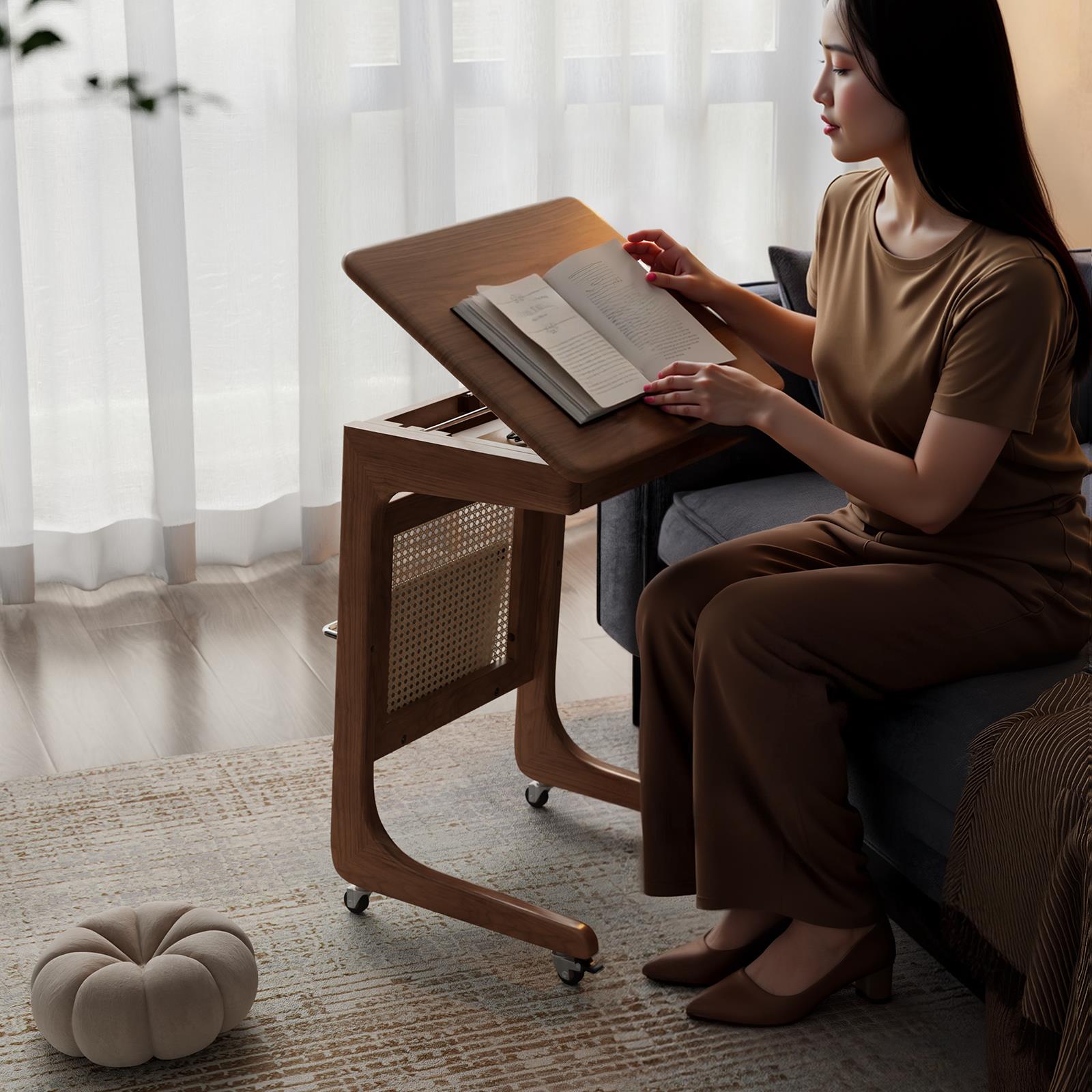 冬木实木沙发边几可移动床头桌子侧边带轮置物架家用C型小茶几