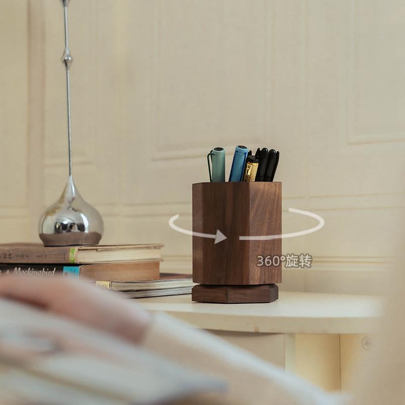 旋转实木笔筒高颜值ins风办公室桌面不占空间大容量多功能收纳盒