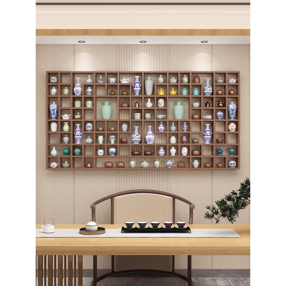定制实木格子架墙上置物架壁挂收纳柜茶壶茶杯展示架多宝阁博古架