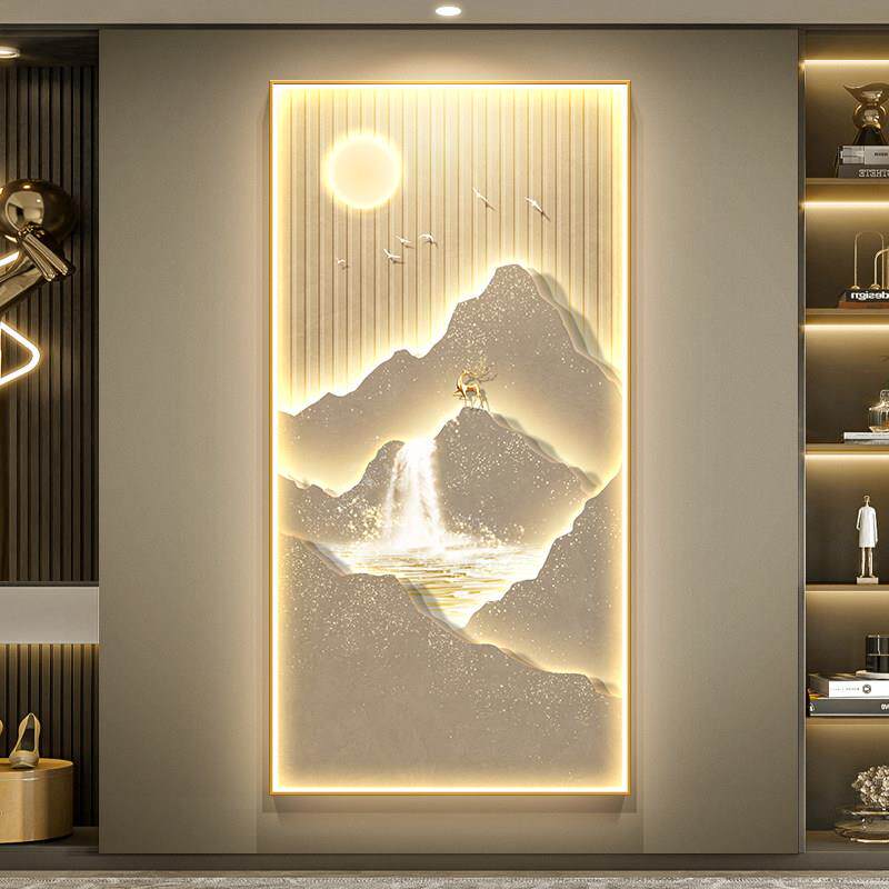 轻奢入户门玄关装饰画 画竖版背靠金山高级感走廊过道挂画 画山水