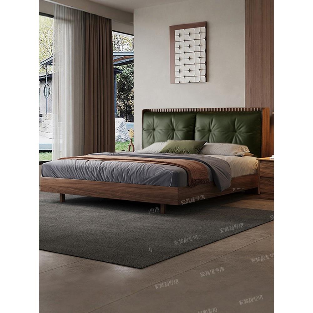 黑胡桃木实木床卧室1.8米双人床家用2米真皮软包悬浮婚床2025新款