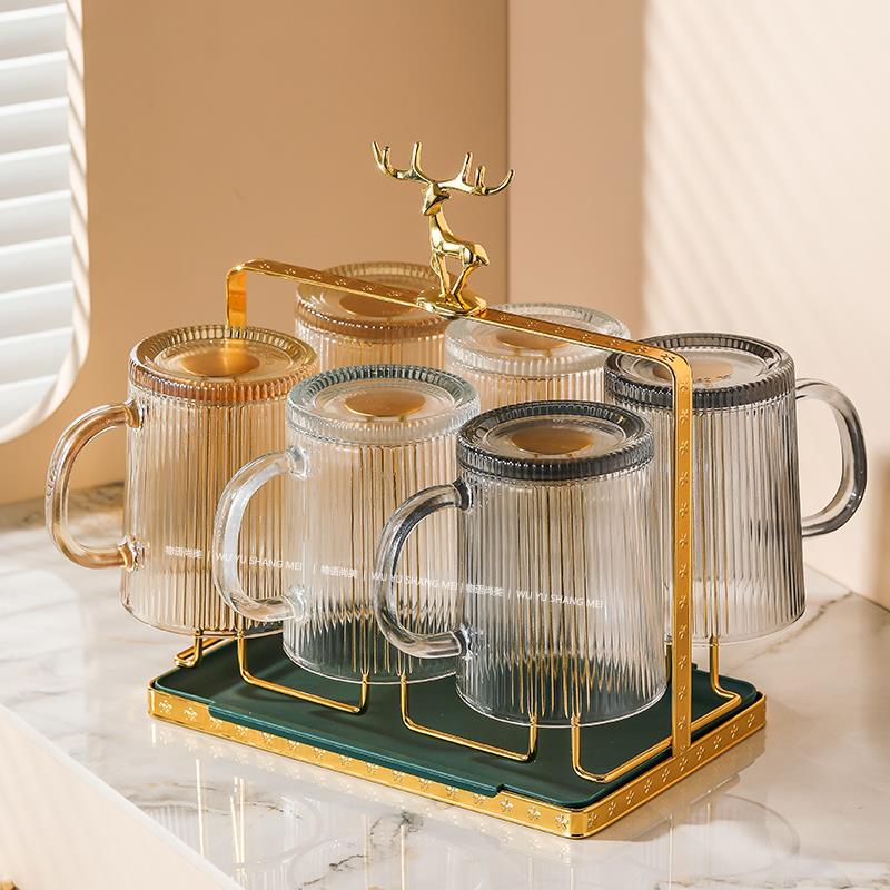 竖纹玻璃杯套装家用客厅待客茶杯带把手喝水杯子日式高颜值咖啡杯