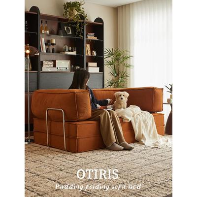 中古风布艺沙发两用小户型客厅双三人直排复古模块折叠布丁沙发床