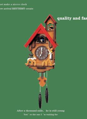 日本原装进口RHYTHM丽声钟表欧式田园布谷鸟拉铃报时挂钟4MJ417