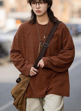 弎狸TIP日系复古条纹长袖T恤男女宽松休闲百搭圆领套头内搭上衣潮