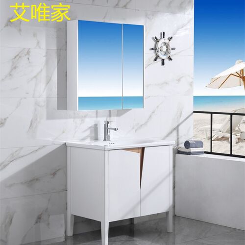 北欧风多层实木烤漆白色浴室柜酒店卫浴陶L瓷洗脸盆落地式浴室镜
