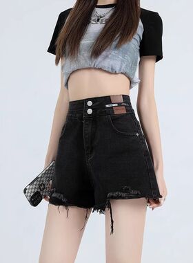 2024年春夏薄款黑色毛边牛仔短裤女高腰a字流苏显瘦辣妹宽松热裤