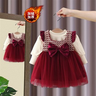 女童洋装秋冬装新款洋派加绒儿童红色公主裙周岁宝宝礼服拜年服