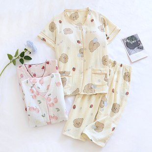 薄款 带胸垫睡衣女短袖 夏季 套装 纯棉纱布双层宽松卡通家居服 七分裤