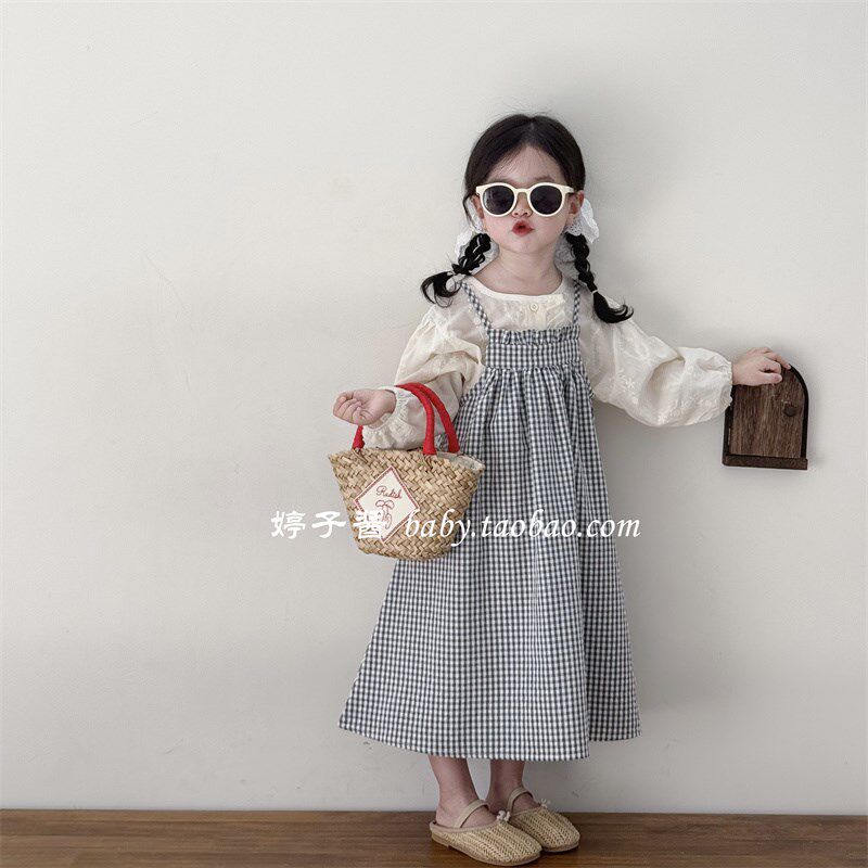 儿童洋气黑白格子吊带裙2025新款韩版女宝宝春款无袖长裙连衣裙潮