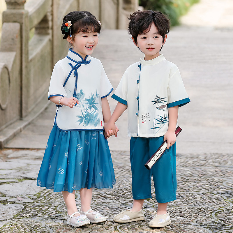 儿童改良版短袖汉服夏季男女童中国风国学唐装套装幼儿园表演出服,男装,汉服,淘宝优惠券,粉丝福利购,淘宝优惠卷