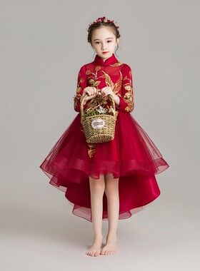 儿童晚礼服中国风小孩花童婚纱女童走秀演出服洋气旗袍拜年服高端
