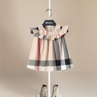 女童2021夏装新款露肩连衣裙儿童一字肩礼服洋气公主裙格子背心裙