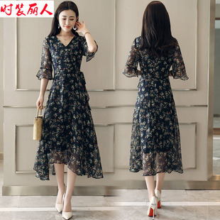 雪纺碎花连衣裙女夏季2023新款修身显瘦气质减龄中年妈妈夏装裙子