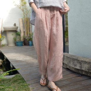 子女夏季 高端女士阔腿裤 薄款 2025新款 棉麻棉绸女裤 粉色亚麻苎麻裤