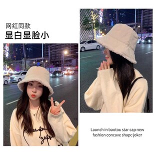渔夫帽女2023新款秋冬季毛绒冷帽子大头围显脸小加厚保暖渔夫盆帽