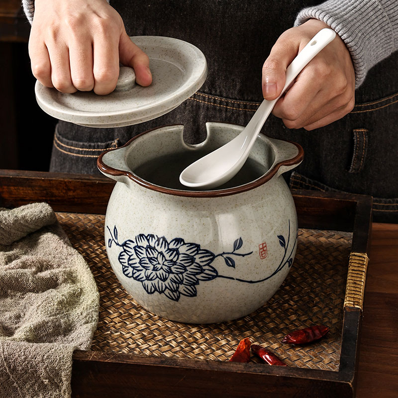 家用陶瓷c耐高温荤油罐油坛子罐子双耳油罐油碗装猪油罐碗厨房老