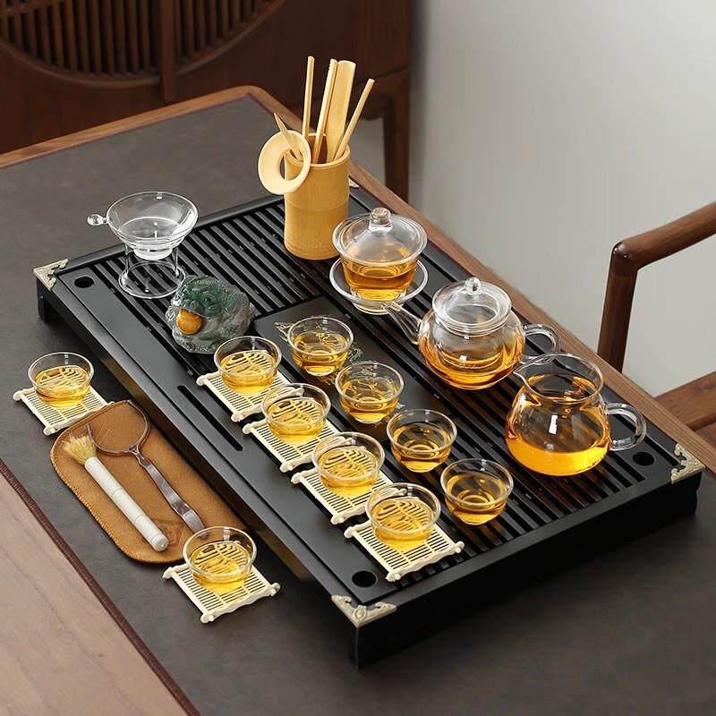 紫砂茶具套装整套陶瓷玻璃家用简约实木茶盘茶海办公室泡茶全自动