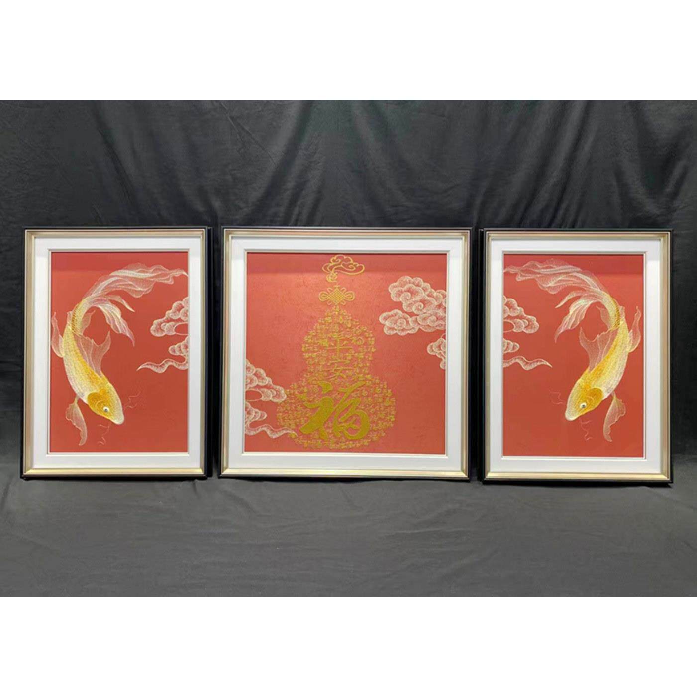客厅装饰画三联画现代高端织锦绣红色喜庆苏绣沙发背景墙壁吉祥画