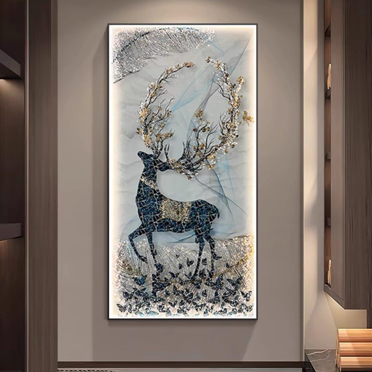 轻奢欧式入户玄关装饰画LED灯光画大气走廊过道挂画客厅竖版壁画