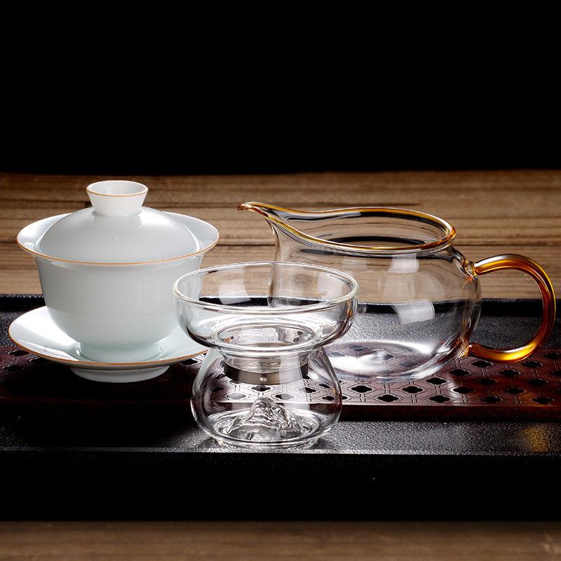 玻璃功夫茶具套装羊脂玉瓷三才盖碗精品手工大公道杯茶漏陶瓷盖碗