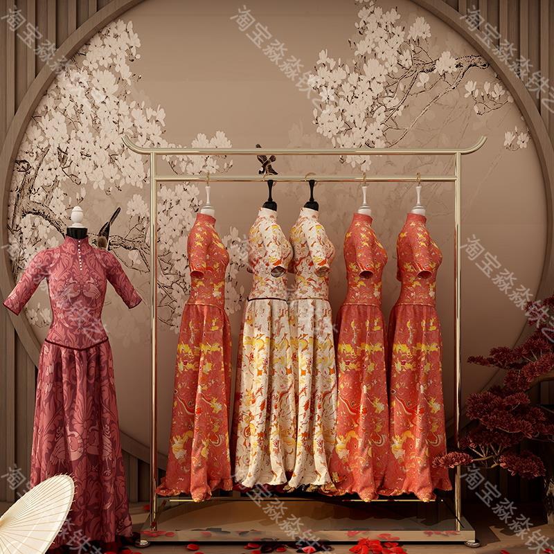 新中式国风汉服展示架服装店落地侧挂陈列挂衣架婚纱旗袍摄影货架