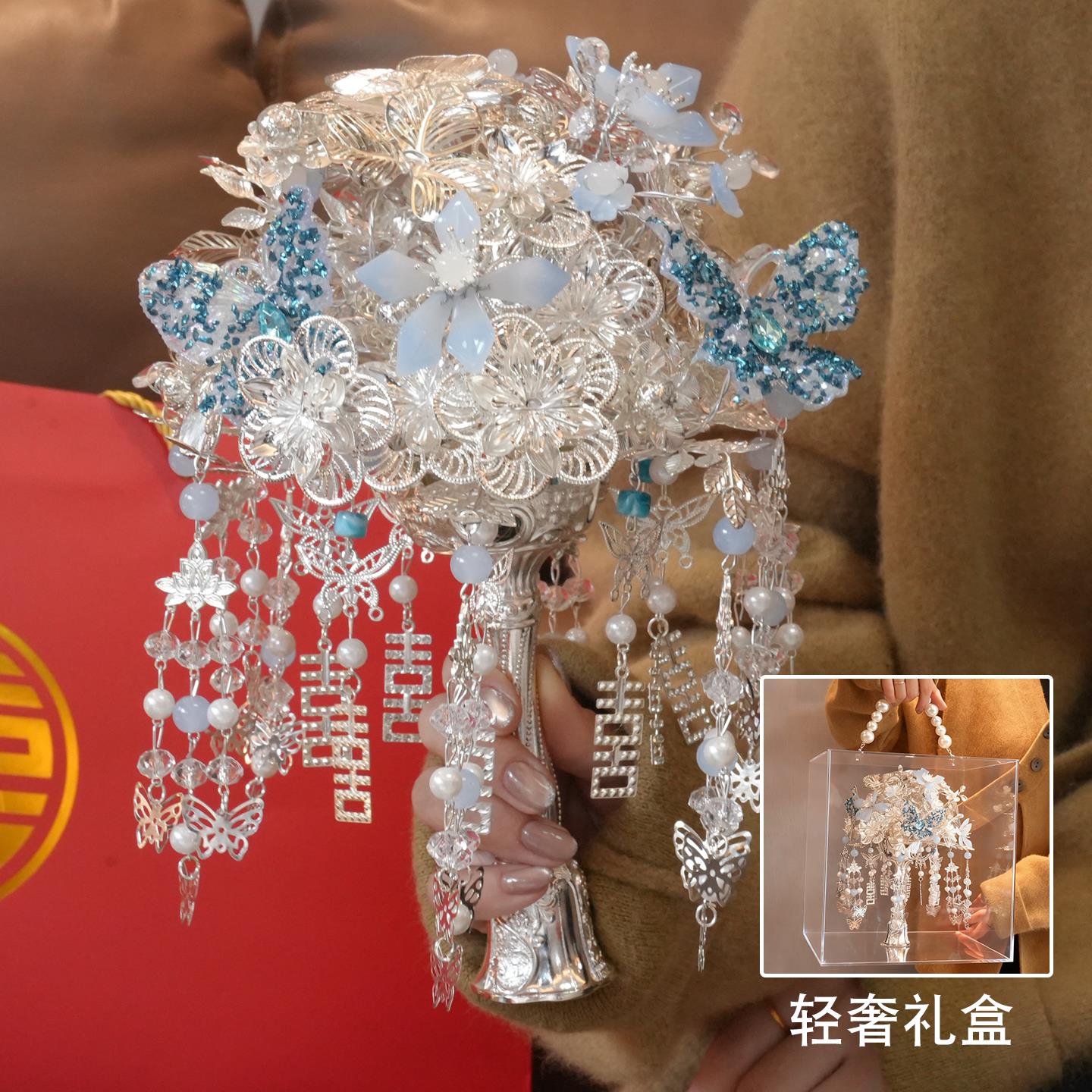 2025西式婚礼银色新娘手捧花成品权杖diy结婚礼物西式婚礼手捧花