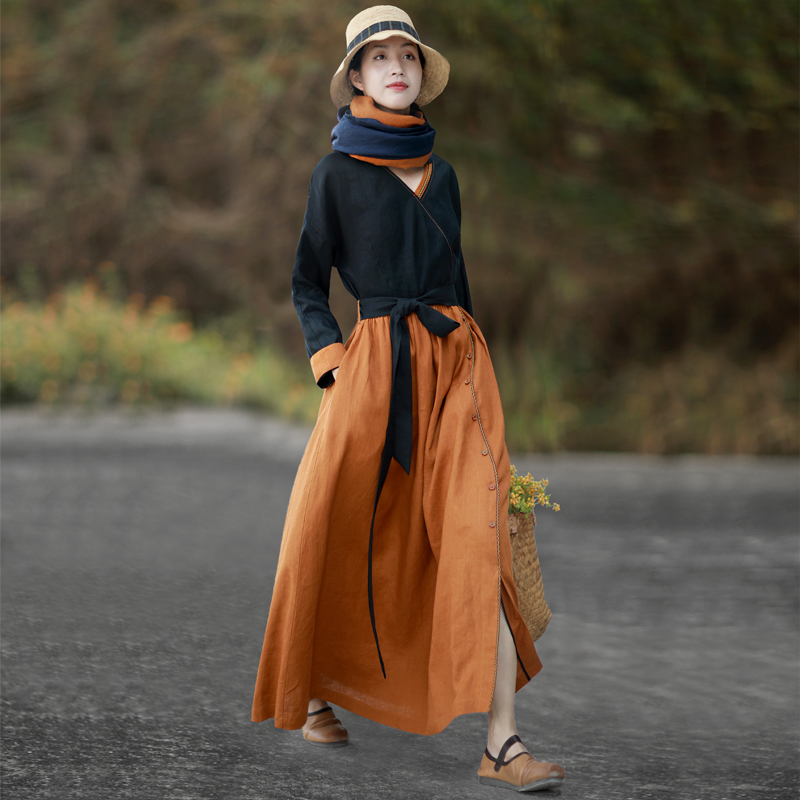 赫轩原着民族风洋装2023秋x季文艺复古女装显瘦气质打底裙长裙冬